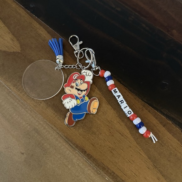 Other - Handmade Mario Keychain Beaded Charm – Red Blue Tassel Gamer Gift Key Ring